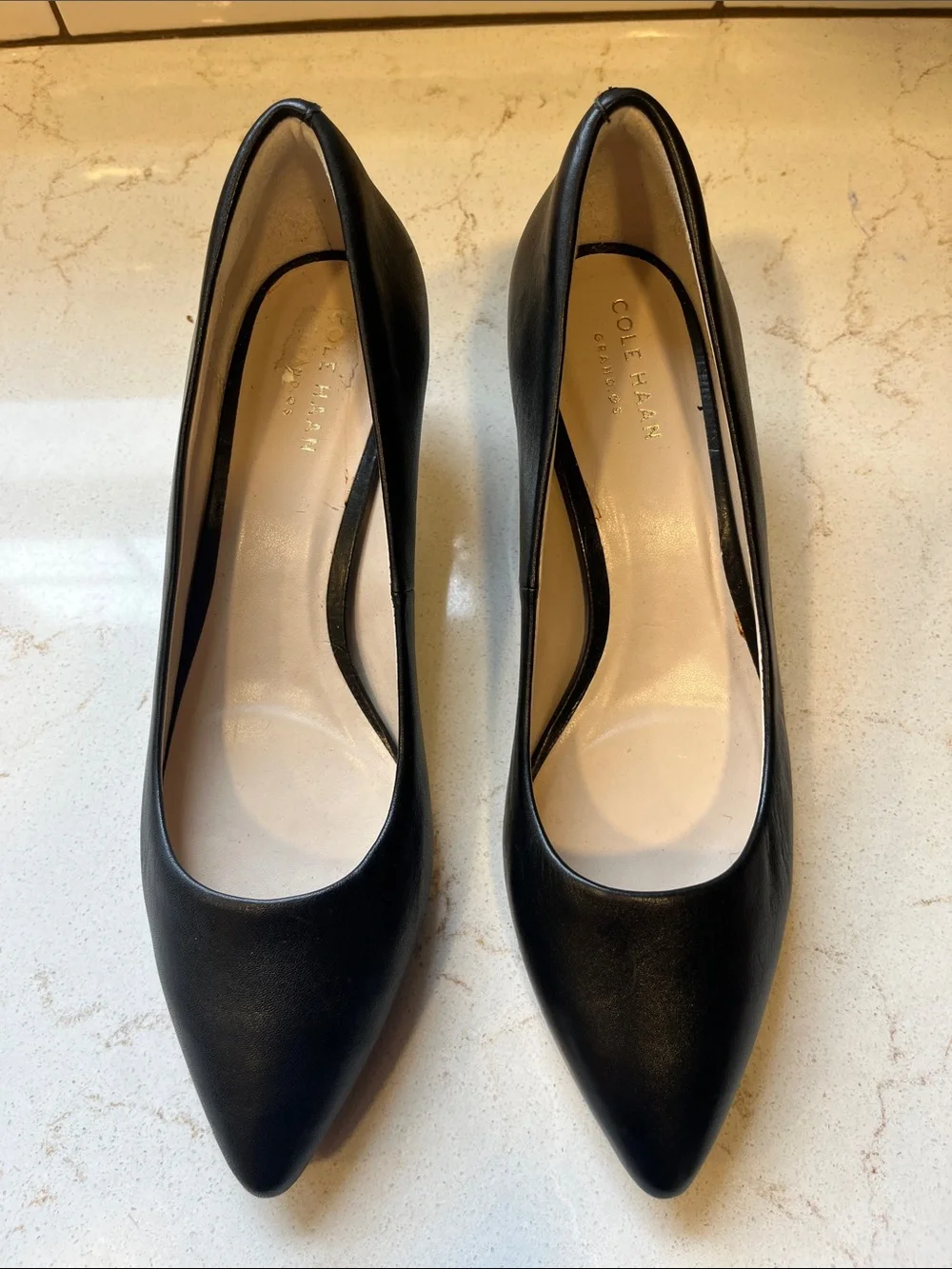 Cole Haan Black Leather Pointed-Toe Kitten Heels